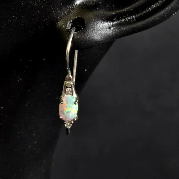 Sterling Silver 925 Opal Drop Earrings with CZ Accent Dangle Pierced Jewelry RJ - Picture 1 of 9